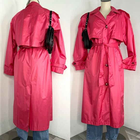 Vintage Hot Pink Belted Trench Coat Belted Worthington Halloween Size 12 - Picture 2 of 8